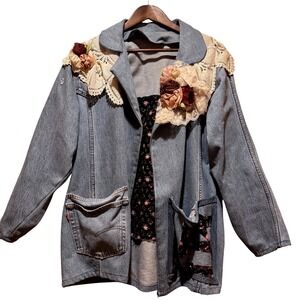 Upcycled Handmade Patchwork Grandma Cottage Core Shabby Chic Quilted Jean Jacket